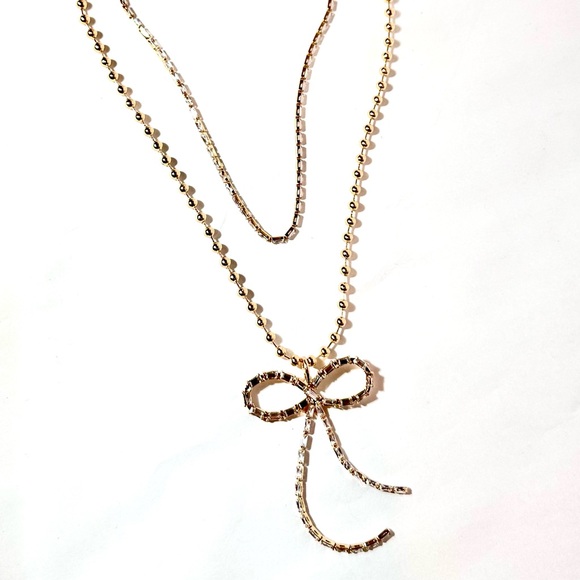 EXPRESS Gold & Baguette Rhinestone/Crystal Bow Layered Necklace NWT - Picture 5 of 14